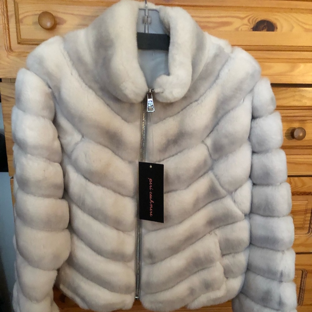 Fur Genuine Rex Light Grey Ombré Zip Front Jacket size L Brand new with tags